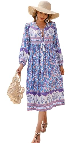 R.Vivimos Damen V Ausschnitt Langarm Midi Kleider Boho Blumen Strandkleid Langes A Linien Freizeitkleid(XXL,Blaulila) von R.Vivimos