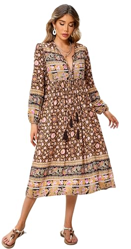 R.Vivimos Damen V Ausschnitt Langarm Midi Kleider Boho Blumen Strandkleid Langes A Linien Freizeitkleid(XXL,Braun) von R.Vivimos