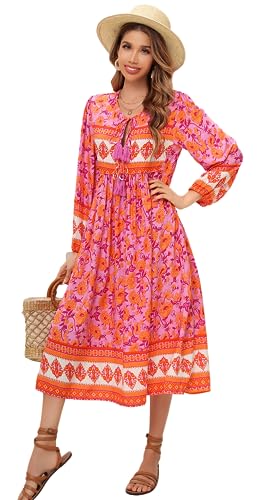 R.Vivimos Damen V Ausschnitt Langarm Midi Kleider Boho Blumen Strandkleid Langes A Linien Freizeitkleid(XXL,Flieder) von R.Vivimos