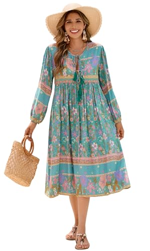 R.Vivimos Damen V Ausschnitt Langarm Midi Kleider Boho Blumen Strandkleid Langes A Linien Freizeitkleid(XXL,Teal) von R.Vivimos