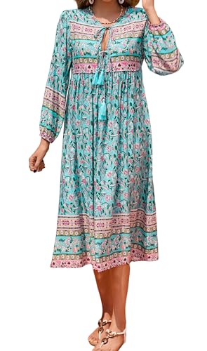 R.Vivimos Damen V Ausschnitt Langarm Midi Kleider Boho Blumen Strandkleid Langes A Linien Freizeitkleid(XXL,Türkis) von R.Vivimos