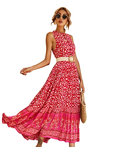 R.Vivimos Damen V-Ausschnitt Langes Maxikleid Ärmelloses Button Up Boho lässiges Strandkleid (Groß, Rot) von R.Vivimos