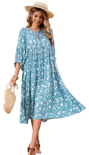 R.Vivimos Damen V Ausschnitt Laternenarm Boho Blumen Midi Kleid Halbarm Baumwolle Loose Fit Langes Urlaub Kleid(M,Hellblau) von R.Vivimos