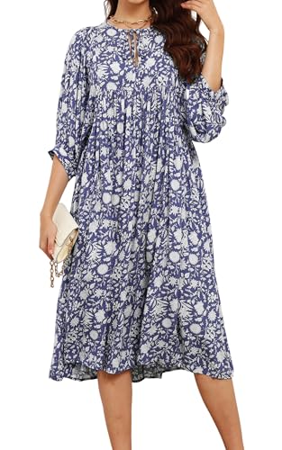 R.Vivimos Damen V Ausschnitt Laternenarm Boho Blumen Midi Kleid Halbarm Baumwolle Loose Fit Langes Urlaub Kleid(XL,DunkelBlau) von R.Vivimos