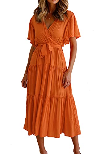 R.Vivimos Damenkleider Kurzarm V-Ausschnitt Krawatte Taille A Linie Midikleid Langes Freizeitkleid(L,Mandarine-Kurzarm) von R.Vivimos