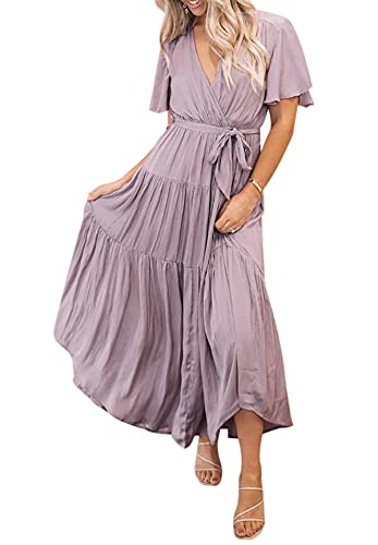 R.Vivimos Damenkleider Kurzarm V-Ausschnitt Krawatte Taille A Linie Midikleid Langes Freizeitkleid(M,Lavendel-Kurzarm) von R.Vivimos