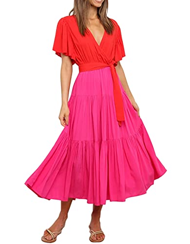 R.Vivimos Damenkleider Kurzarm V-Ausschnitt Krawatte Taille A Linie Midikleid Langes Freizeitkleid(S,RedHotPink-Kurzarm) von R.Vivimos