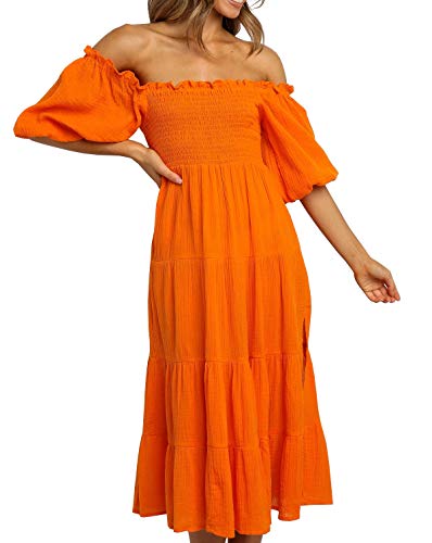 R.Vivimos Damen Sommer Schulterfreies Puffärmel A Linie Kleid Baumwolle Rüschen Midi Freizeitkleid(S,Orange) von R.Vivimos