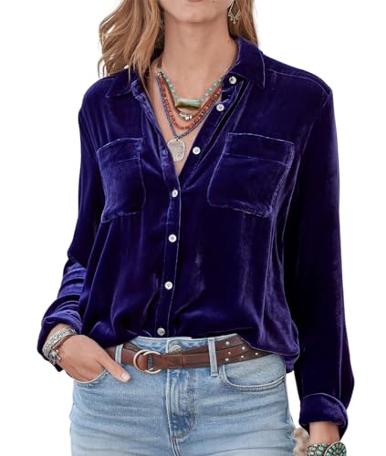 R.Vivimos Herbst Winter Damen Lässig Langarm V Ausschnitt Blusen Button Down Samt Sexy Tops Hemd mit Tasche(L,Navyblau#2) von R.Vivimos