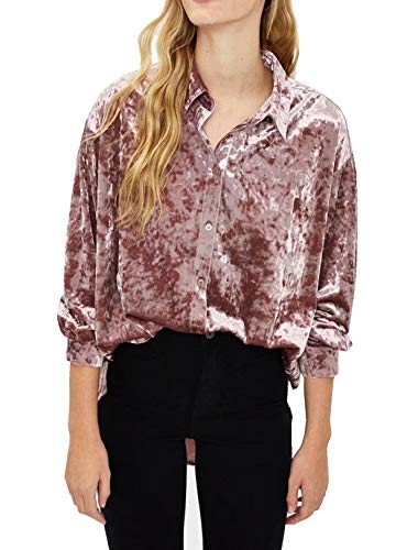 R.Vivimos Herbst Winter Damen Lässig Langarm V Ausschnitt Blusen Button Down Samt Sexy Tops Hemd mit Tasche(Small,Rosa) von R.Vivimos