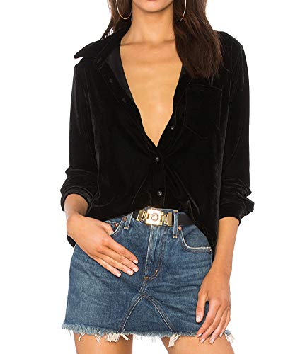 R.Vivimos Herbst Winter Damen Lässig Langarm V Ausschnitt Blusen Button Down Samt Sexy Tops Hemd mit Tasche(Small,Schwarz) von R.Vivimos