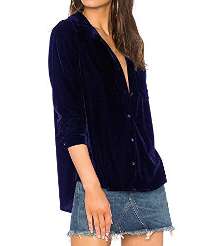 R.Vivimos Herbst Winter Damen Lässig Langarm V Ausschnitt Blusen Button Down Samt Sexy Tops Hemd mit Tasche(XL,Navyblau) von R.Vivimos