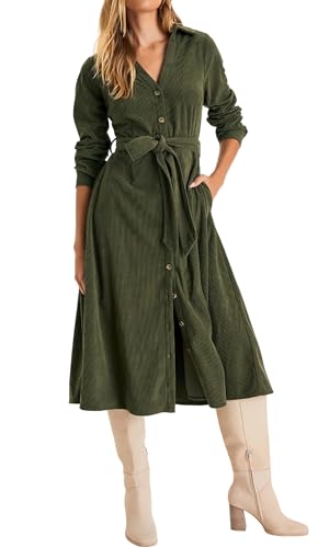 R.Vivimos Herbst Winter Damen Langarm Button Down Midikleid V Ausschnitt Krawatte Taille Cordkleider Lange Hemdkleid Mit Taschen(L,ArmeeGrün) von R.Vivimos