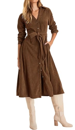 R.Vivimos Herbst Winter Damen Langarm Button Down Midikleid V Ausschnitt Krawatte Taille Cordkleider Lange Hemdkleid Mit Taschen(M,Braun) von R.Vivimos
