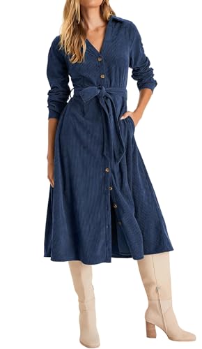 R.Vivimos Herbst Winter Damen Langarm Button Down Midikleid V Ausschnitt Krawatte Taille Cordkleider Lange Hemdkleid Mit Taschen(M,Navyblau) von R.Vivimos