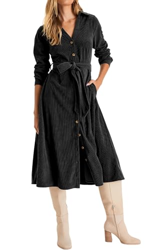 R.Vivimos Herbst Winter Damen Langarm Button Down Midikleid V Ausschnitt Krawatte Taille Cordkleider Lange Hemdkleid Mit Taschen(M,Schwarz) von R.Vivimos