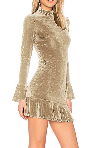 R.Vivimos Herbst Winter Damen Langarm Enges Samt Kurzes Kleid Rollkragen Bodycon Sexy Rüschen Mini Kleid(XLarge,Champagner) von R.Vivimos