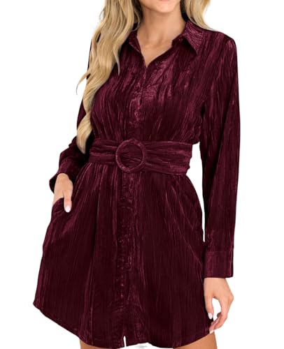 R.Vivimos Herbst Winter Damen Langarm V Ausschnitt Mini Samt Kleid Button Down Krawatte Taille Kurzes HemdKleid Mit Tasche(L,Weinrot) von R.Vivimos