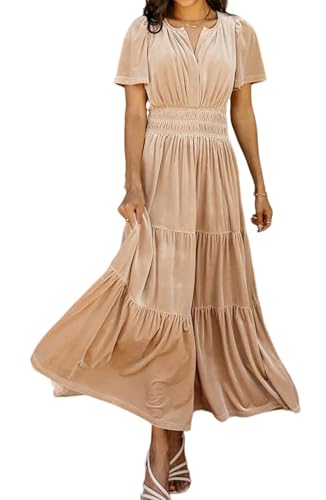 R.Vivimos Herbst Winter Damen Samt Kleid V-Ausschnitt Kurzarm Vintage Maxi Kleid A Linie Layered Rüschen Elegant Lange Kleider(L,Champagner) von R.Vivimos