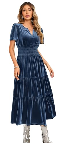 R.Vivimos Herbst Winter Damen Samt Kleid V-Ausschnitt Kurzarm Vintage Maxi Kleid A Linie Layered Rüschen Elegant Lange Kleider(L,Dunkelblau) von R.Vivimos