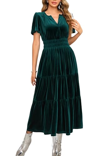 R.Vivimos Herbst Winter Damen Samt Kleid V-Ausschnitt Kurzarm Vintage Maxi Kleid A Linie Layered Rüschen Elegant Lange Kleider(L,Dunkelgrün) von R.Vivimos