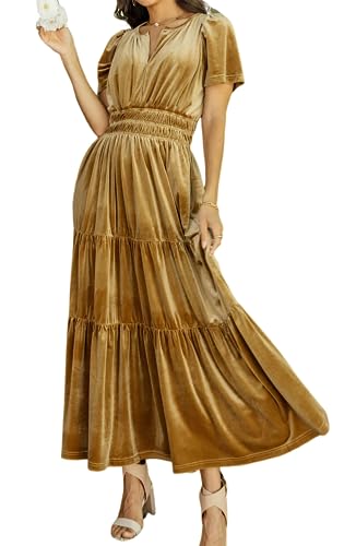 R.Vivimos Herbst Winter Damen Samt Kleid V-Ausschnitt Kurzarm Vintage Maxi Kleid A Linie Layered Rüschen Elegant Lange Kleider(L,Gold) von R.Vivimos