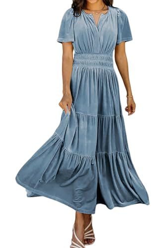 R.Vivimos Herbst Winter Damen Samt Kleid V-Ausschnitt Kurzarm Vintage Maxi Kleid A Linie Layered Rüschen Elegant Lange Kleider(L,HazeBlau) von R.Vivimos