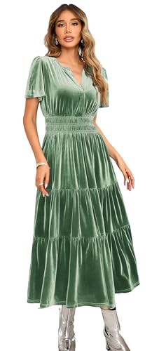 R.Vivimos Herbst Winter Damen Samt Kleid V-Ausschnitt Kurzarm Vintage Maxi Kleid A Linie Layered Rüschen Elegant Lange Kleider(L,Salbeigrün) von R.Vivimos