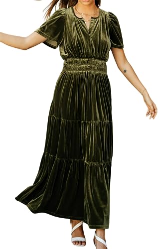 R.Vivimos Herbst Winter Damen Samt Kleid V-Ausschnitt Kurzarm Vintage Maxi Kleid A Linie Layered Rüschen Elegant Lange Kleider(M,ArmeeGrün) von R.Vivimos