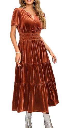 R.Vivimos Herbst Winter Damen Samt Kleid V-Ausschnitt Kurzarm Vintage Maxi Kleid A Linie Layered Rüschen Elegant Lange Kleider(M,Rostbraun) von R.Vivimos