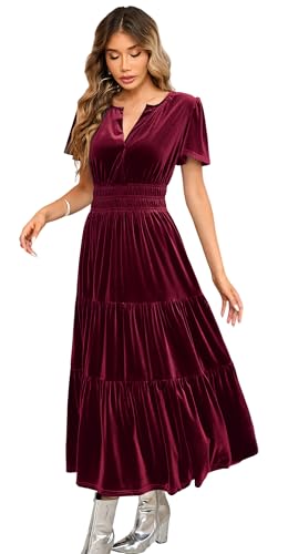R.Vivimos Herbst Winter Damen Samt Kleid V-Ausschnitt Kurzarm Vintage Maxi Kleid A Linie Layered Rüschen Elegant Lange Kleider(M,WeinRot) von R.Vivimos