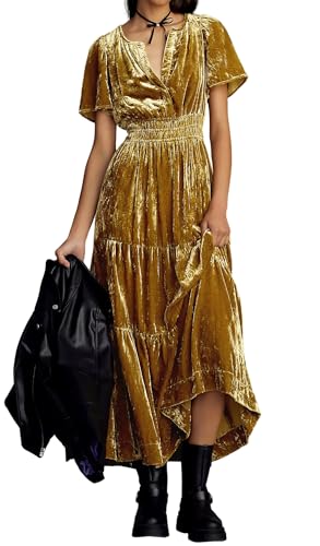 R.Vivimos Herbst Winter Damen Samt Kleid V-Ausschnitt Kurzarm Vintage Maxi Kleid A Linie Layered Rüschen Elegant Lange Kleider(M,Zerkleinert-Gold) von R.Vivimos
