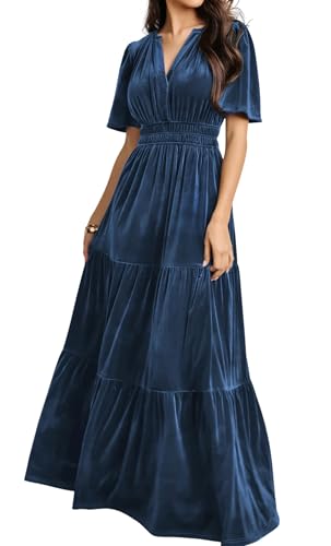 R.Vivimos Herbst Winter Damen Samt Kleid V-Ausschnitt Kurzarm Vintage Maxi Kleid A Linie Layered Rüschen Elegant Lange Kleider(S,Dunkelblau) von R.Vivimos