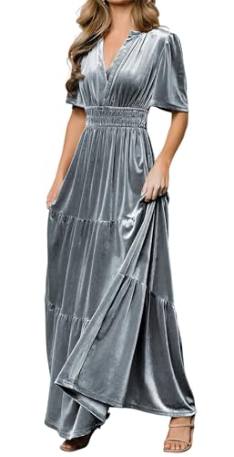 R.Vivimos Herbst Winter Damen Samt Kleid V-Ausschnitt Kurzarm Vintage Maxi Kleid A Linie Layered Rüschen Elegant Lange Kleider(S,Grau) von R.Vivimos