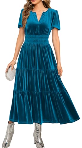R.Vivimos Herbst Winter Damen Samt Kleid V-Ausschnitt Kurzarm Vintage Maxi Kleid A Linie Layered Rüschen Elegant Lange Kleider(S,Teal) von R.Vivimos