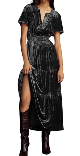 R.Vivimos Herbst Winter Damen Samt Kleid V-Ausschnitt Kurzarm Vintage Maxi Kleid A Linie Layered Rüschen Elegant Lange Kleider(S,Zerkleinert-Schwarz) von R.Vivimos