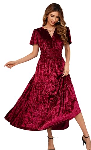 R.Vivimos Herbst Winter Damen Samt Kleid V-Ausschnitt Kurzarm Vintage Maxi Kleid A Linie Layered Rüschen Elegant Lange Kleider(S,Zerkleinert-Weinrot) von R.Vivimos