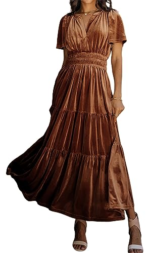 R.Vivimos Herbst Winter Damen Samt Kleid V-Ausschnitt Kurzarm Vintage Maxi Kleid A Linie Layered Rüschen Elegant Lange Kleider(XL,Braun) von R.Vivimos