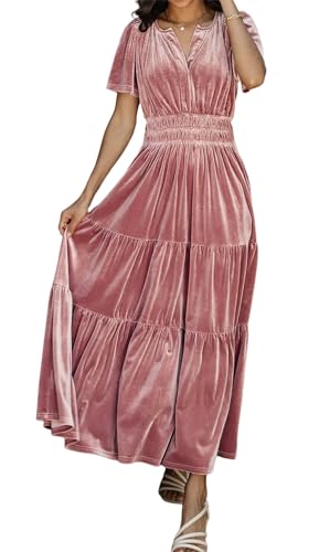 R.Vivimos Herbst Winter Damen Samt Kleid V-Ausschnitt Kurzarm Vintage Maxi Kleid A Linie Layered Rüschen Elegant Lange Kleider(XL,Rosa) von R.Vivimos