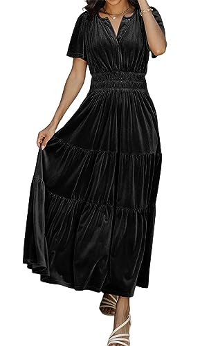 R.Vivimos Herbst Winter Damen Samt Kleid V-Ausschnitt Kurzarm Vintage Maxi Kleid A Linie Layered Rüschen Elegant Lange Kleider(XL,Schwarz) von R.Vivimos
