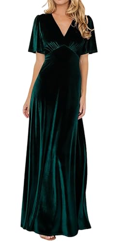 R.Vivimos Herbst Winter Damen Samt Maxikleid V-Ausschnitt Kurzarm Empire Taille Fit Und Flare Party Kleid(L,Dunkelgrün) von R.Vivimos