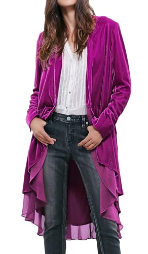 R.Vivimos Herbst Winter Damen Samt Rüschen Freizeitjacke Vintage Lang Mantel Langarm Kragenlos Schwalbenschwanz Blazer(L,Fuchsia) von R.Vivimos