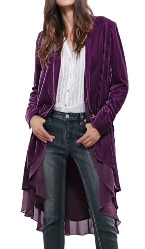 R.Vivimos Herbst Winter Damen Samt Rüschen Freizeitjacke Vintage Lang Mantel Langarm Kragenlos Schwalbenschwanz Blazer(Large,Lila) von R.Vivimos