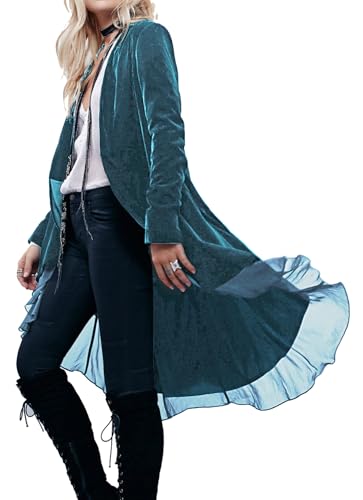 R.Vivimos Herbst Winter Damen Samt Rüschen Freizeitjacke Vintage Lang Mantel Langarm Kragenlos Schwalbenschwanz Blazer(M,HazeBlue) von R.Vivimos