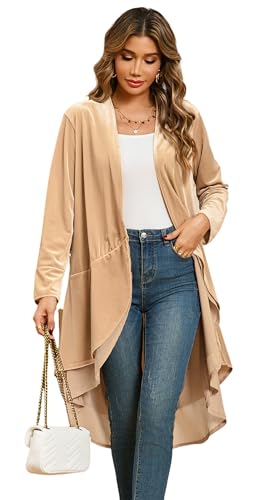 R.Vivimos Herbst Winter Damen Samt Rüschen Freizeitjacke Vintage Lang Mantel Langarm Kragenlos Schwalbenschwanz Blazer(XL,Champagner) von R.Vivimos