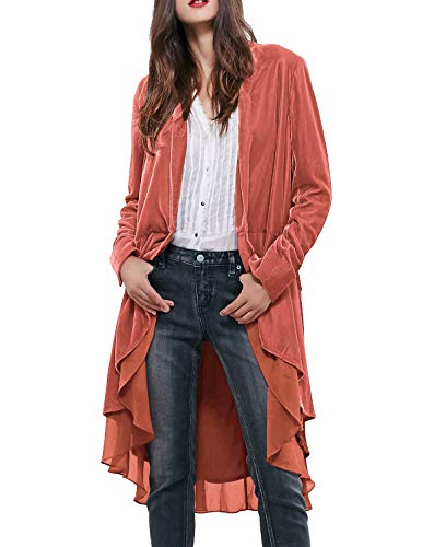 R.Vivimos Herbst Winter Damen Samt Rüschen Freizeitjacke Vintage Lang Mantel Langarm Kragenlos Schwalbenschwanz Blazer(XLarge,Koralle) von R.Vivimos