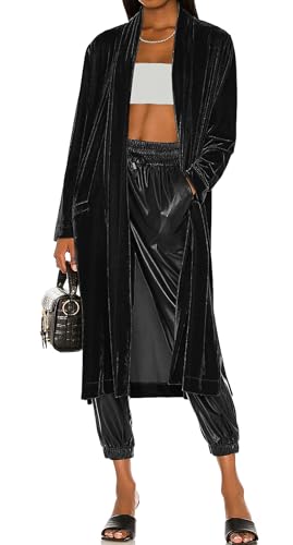 R.Vivimos Herbst Winter Damen Samtjacke Langarm Lose Fit Warme Jacke Langer Cardigan Mit Side Split(M,Schwarz) von R.Vivimos