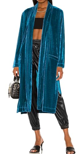 R.Vivimos Herbst Winter Damen Samtjacke Langarm Lose Fit Warme Jacke Langer Cardigan Mit Side Split(M,Seeblau) von R.Vivimos