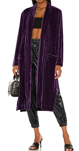 R.Vivimos Herbst Winter Damen Samtjacke Langarm Lose Fit Warme Jacke Langer Cardigan Mit Side Split(XL,Dunkellila) von R.Vivimos