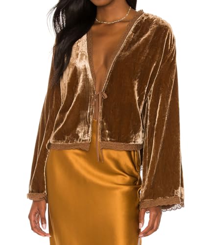 R.Vivimos Herbst Winter Damen Samtjacken Langarm Warme Jacke Vintage Freizeitjacke Kragenlos Lace Kurze Cardigan(L,Braun) von R.Vivimos